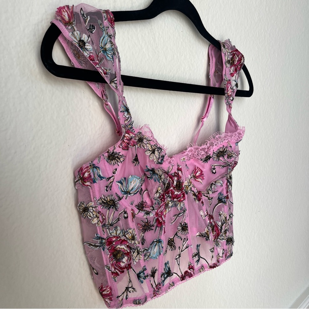Whimsigoth Pink Floral Corset Crop Top Lace Bustier Fairycore Cottagecore Y2K - Picture 4 of 13